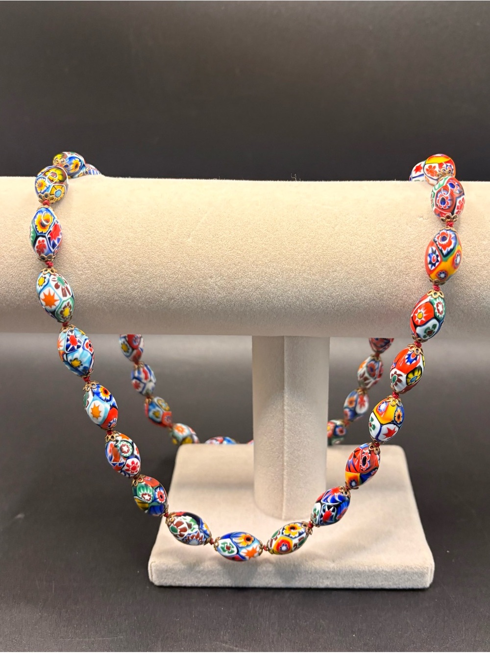 Ercole Moretti Murano Millefiori Oval Beaded Glass Necklace 28” 14K 585 Clasp